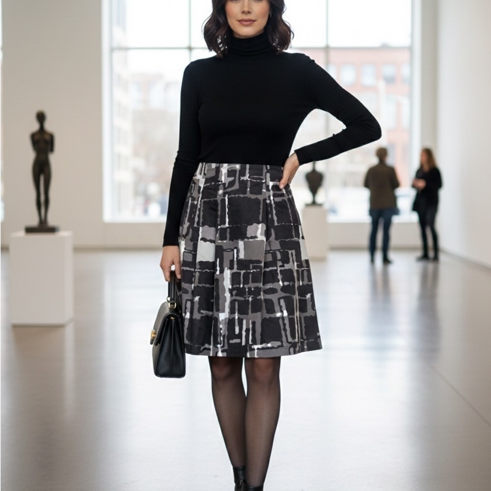 Jessica Abstract Brushstroke A Line Skirt Black Gray Size 14
